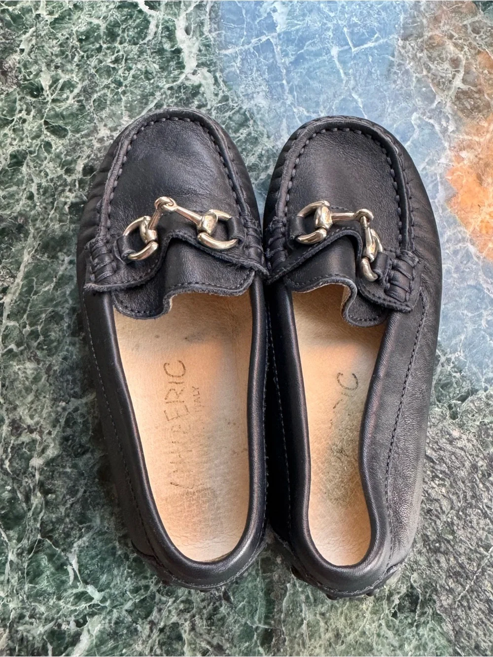 Little Eric Black/Navy blue Leather Loafers with Silver Chain Bit size 25